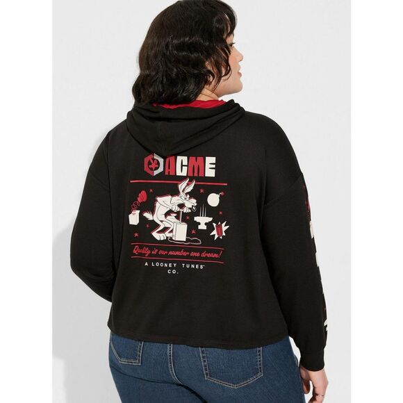 NWT Torrid 2X Warner Bros Looney Tunes Wile E. Coyote Acme Black Cropped Hoodie - Picture 2 of 8